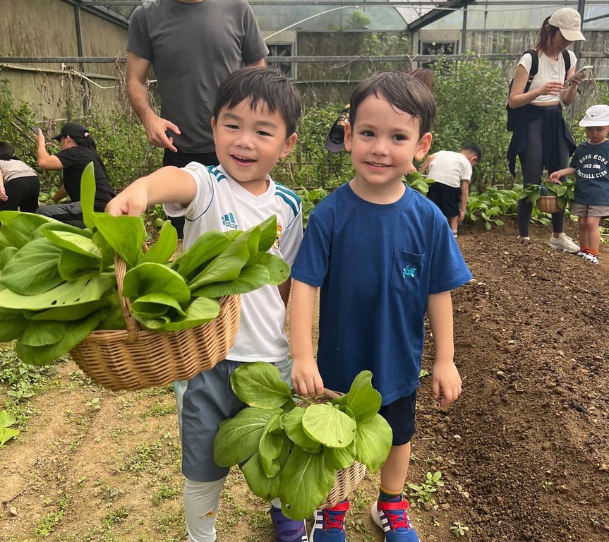 Students proudly holding vegetables gathered from the school farm trip.