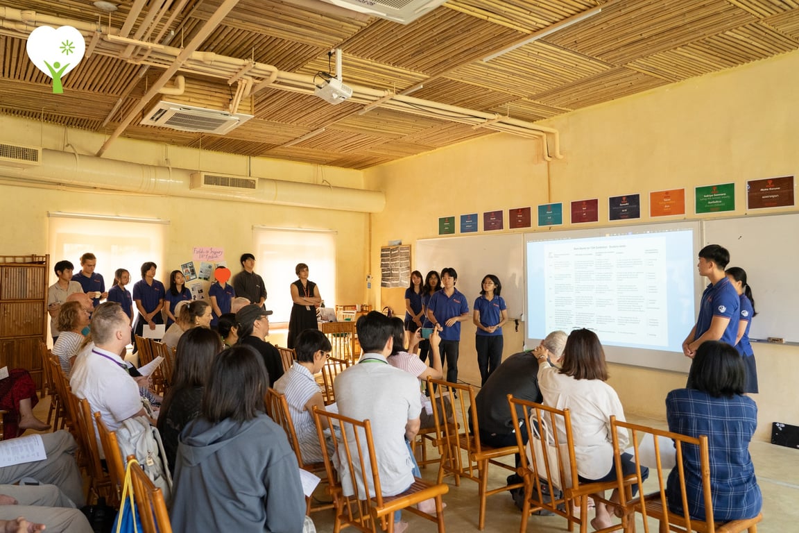 Year 12 students presenting ideas at the Theory of Knowledge Exhibition in front of the school community.