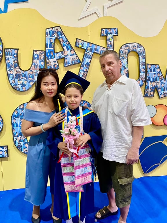 Primary 6 graduate celebrating with family on graduation day.