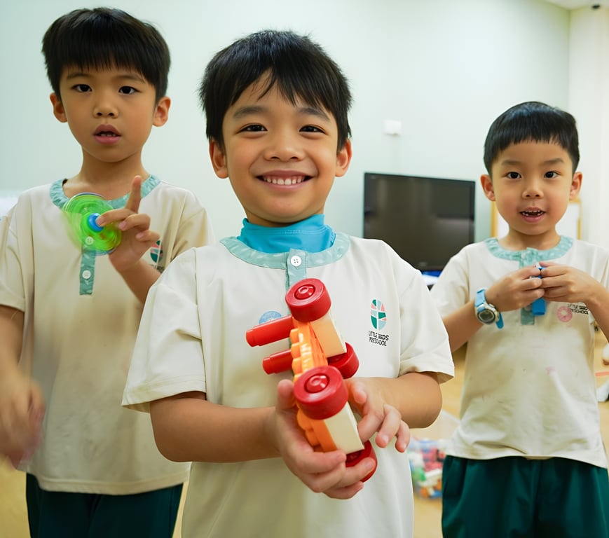 Children proudly showing their creative building projects.
