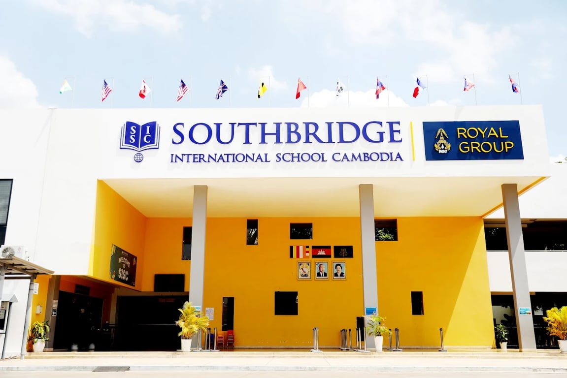 Southbridge International School Cambodia main building with vibrant yellow colour.