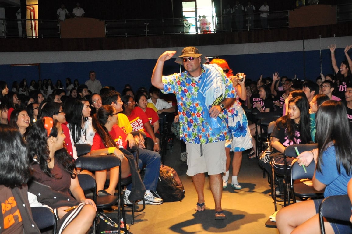 Staff and students gathered for a themed school event.