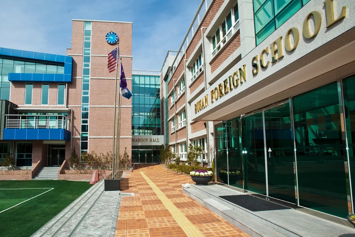 Main campus buildings and entrance at Busan Foreign School.