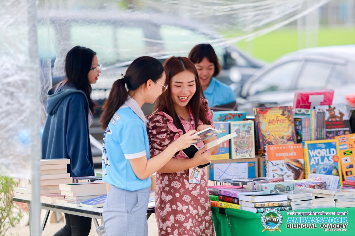 The school community supporting the school's book fair. 