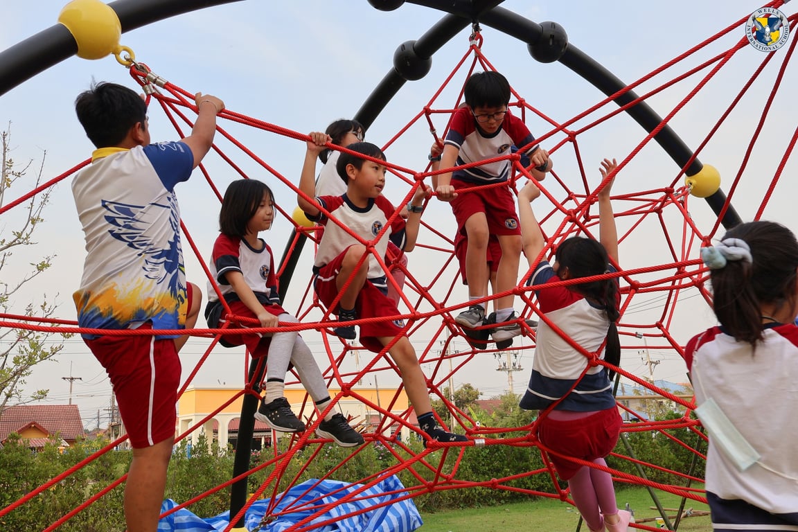 Grade 4 and 5 students climbing the outdoor rope structure.