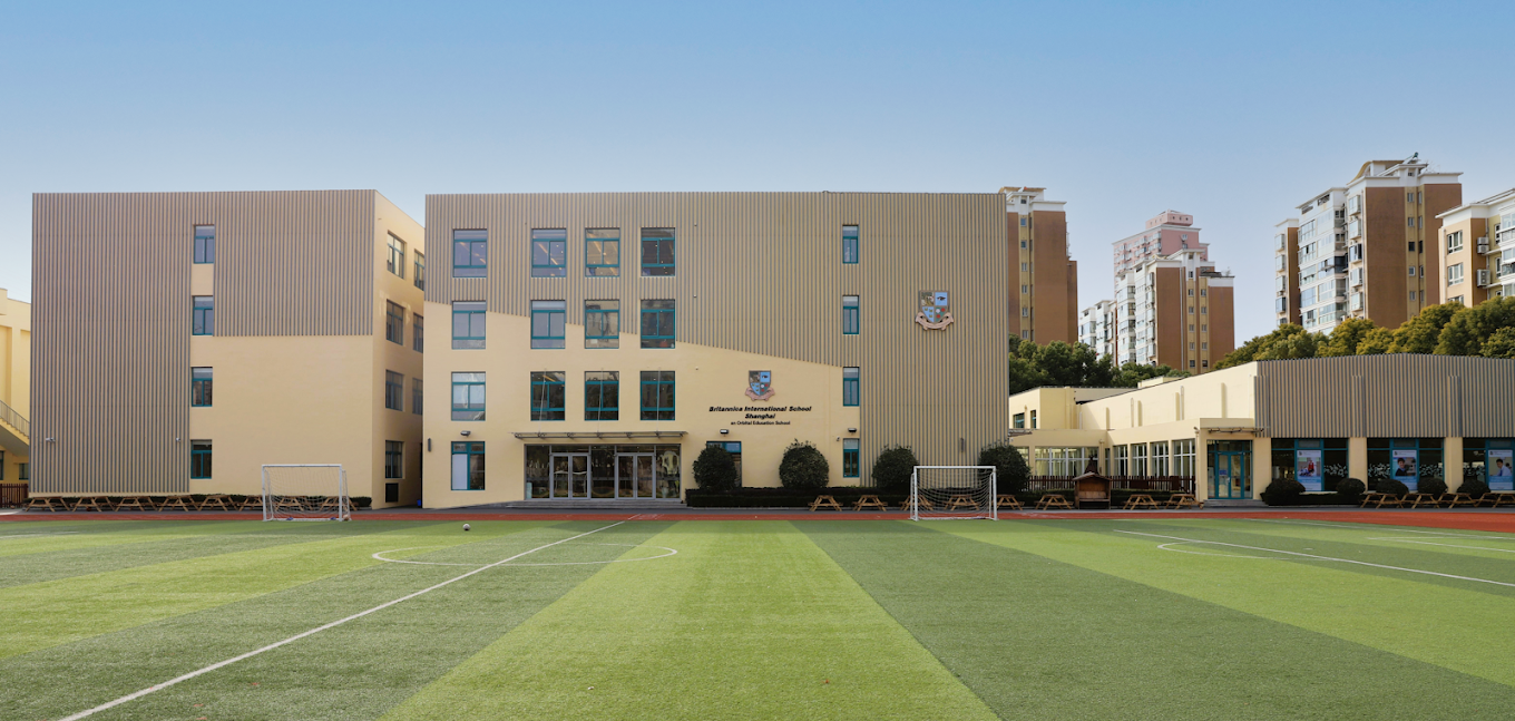 A wide view of the academic buildings and primary football pitch.