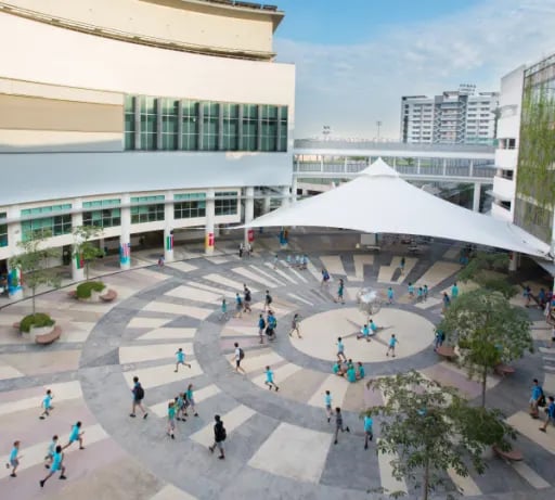 An elevated view of students on the concourse, outside of the main entrance