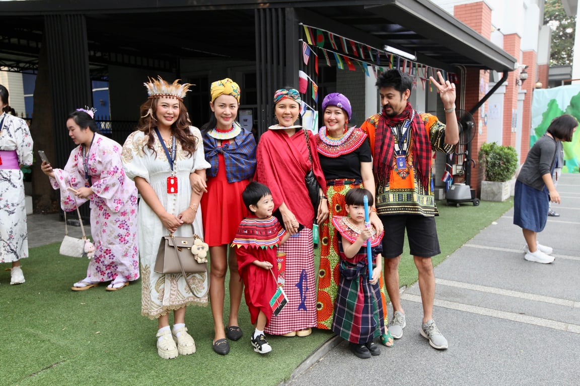 A vibrant celebration of cultural heritage with families dressed in colorful traditional attire.