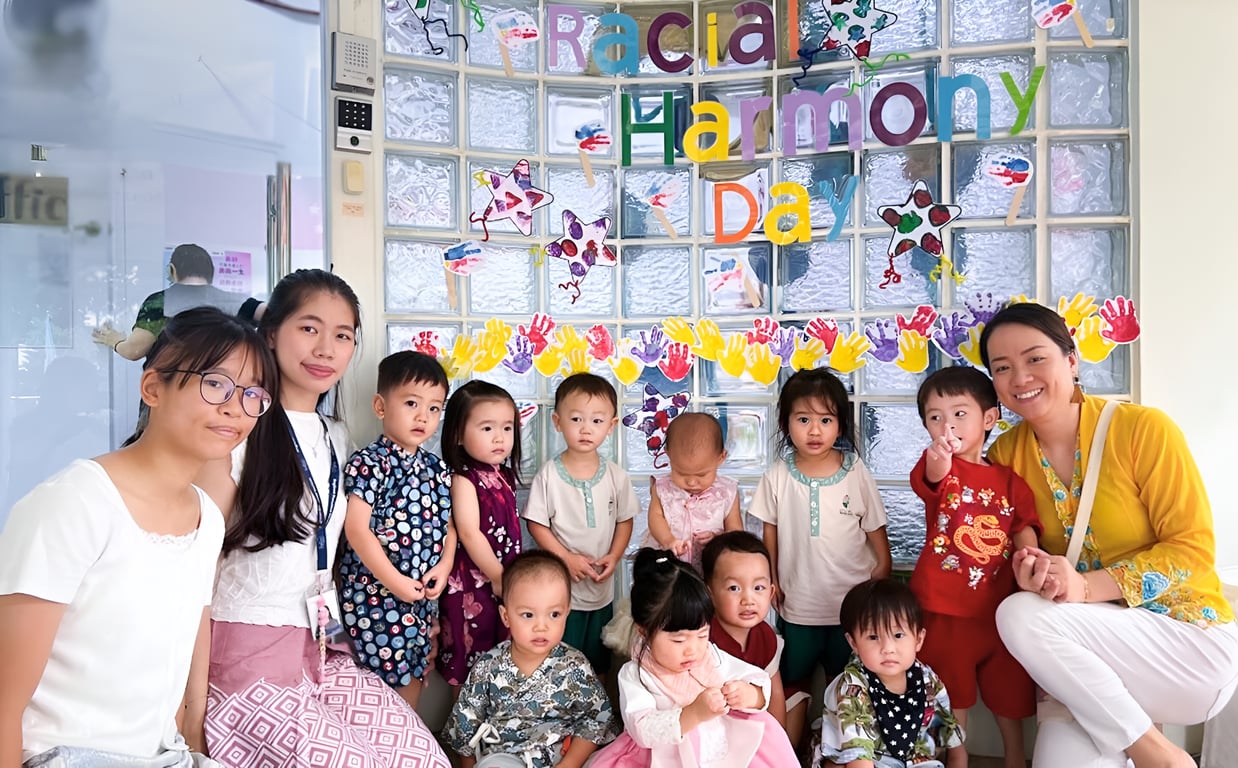 Little ones at LSP (Kiddy Ark) celebrating Racial Harmony Day with a vibrant traditional costume fashion show.