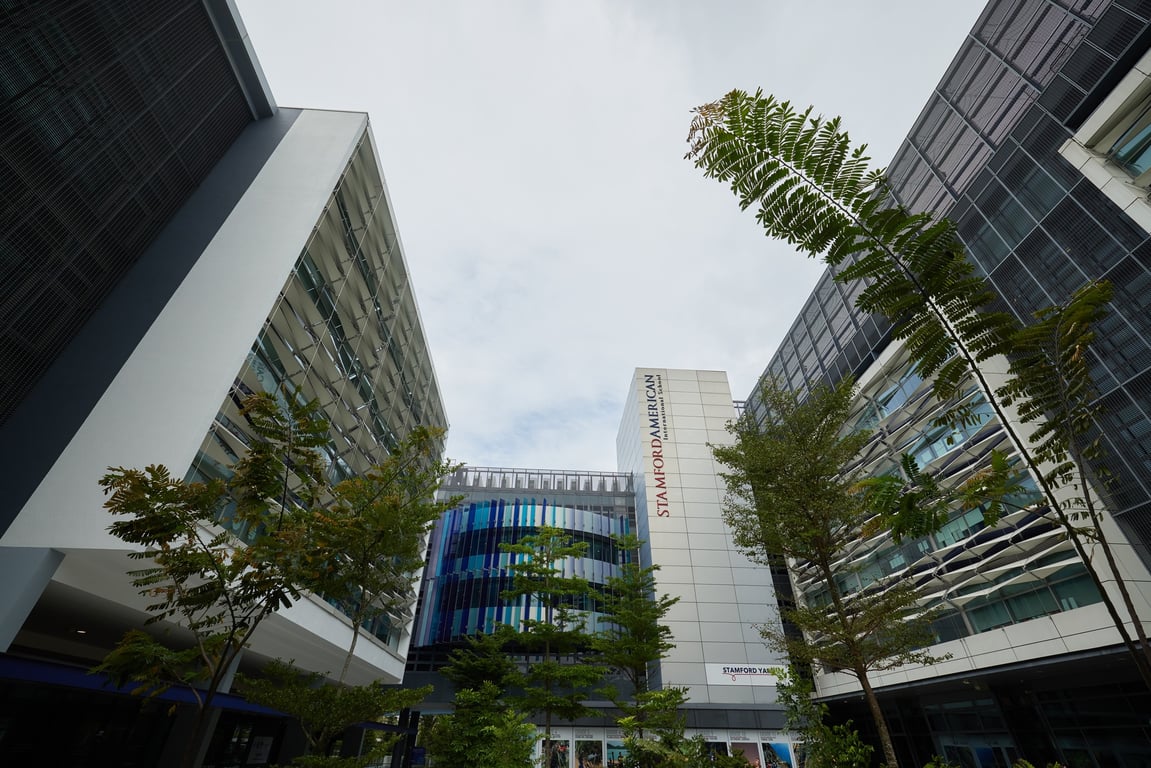 A front view of the large state of the art school campus