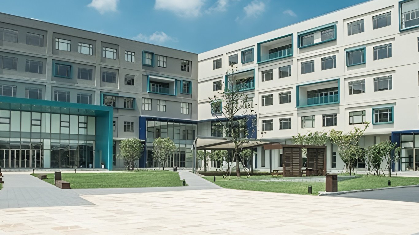 Landscaped green spaces surrounded by school buildings.