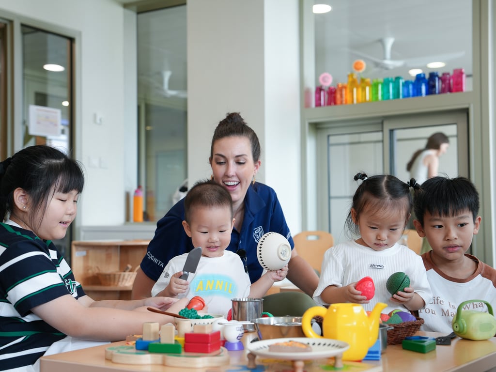 Students participating in a lesson about food, under close instruction of a teacher