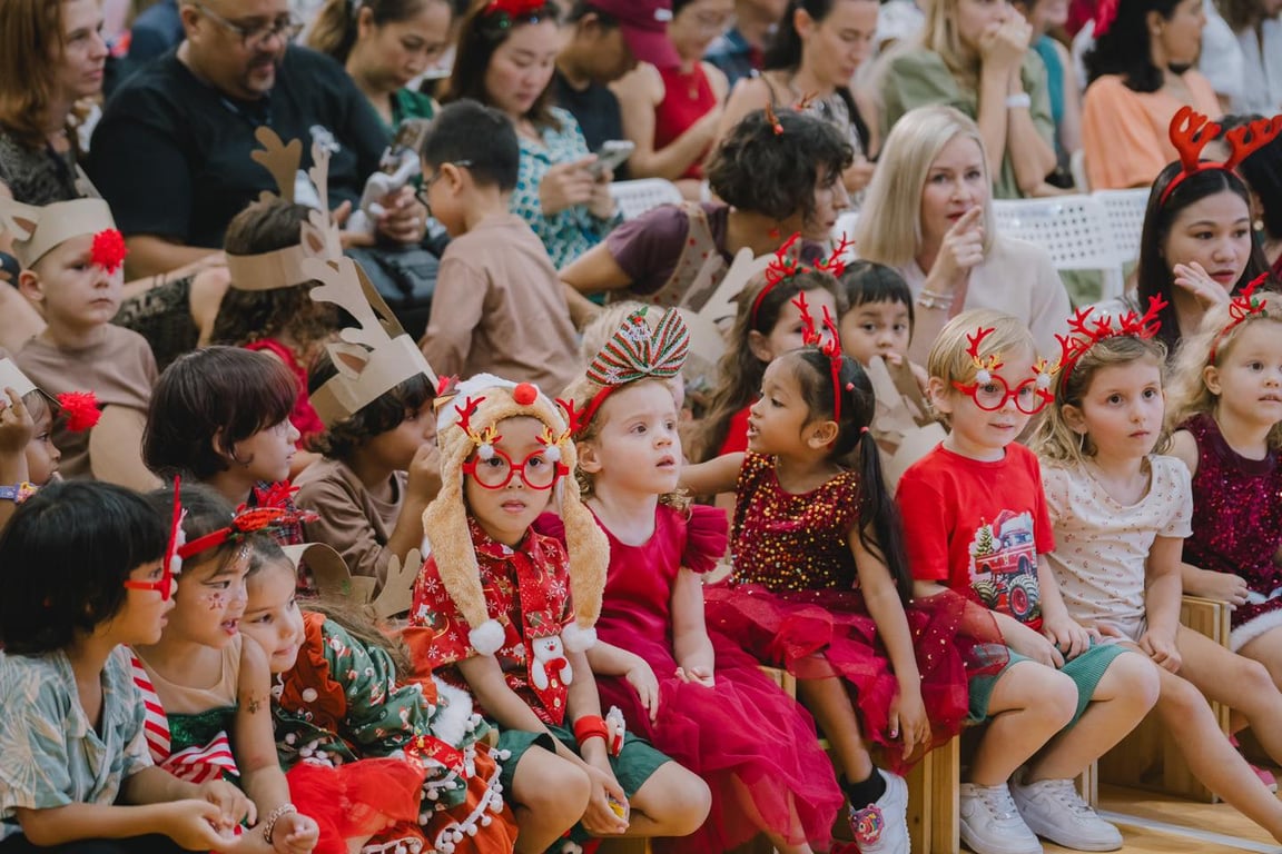 Early Years students dressed up for a Christmas celebration at school.