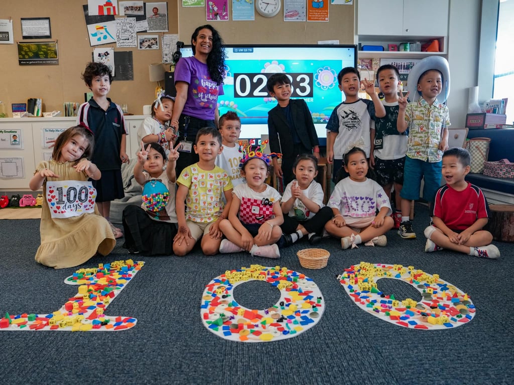 Stamford American International School Early Years students celebrate their 100th day of school in a campus-wide celebration