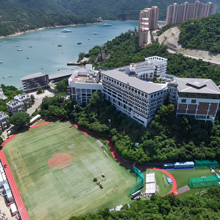 An aerial view of the expansive Tai Tam campus surrounded by greenery and overlooking the sea.