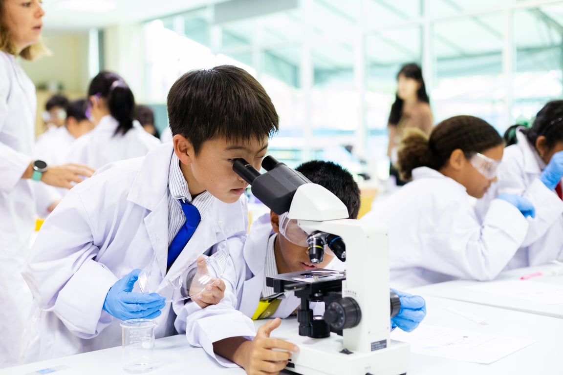 Students explore the world of science through hands-on experiments, developing curiosity and critical thinking as they work with microscopes and lab equipment.