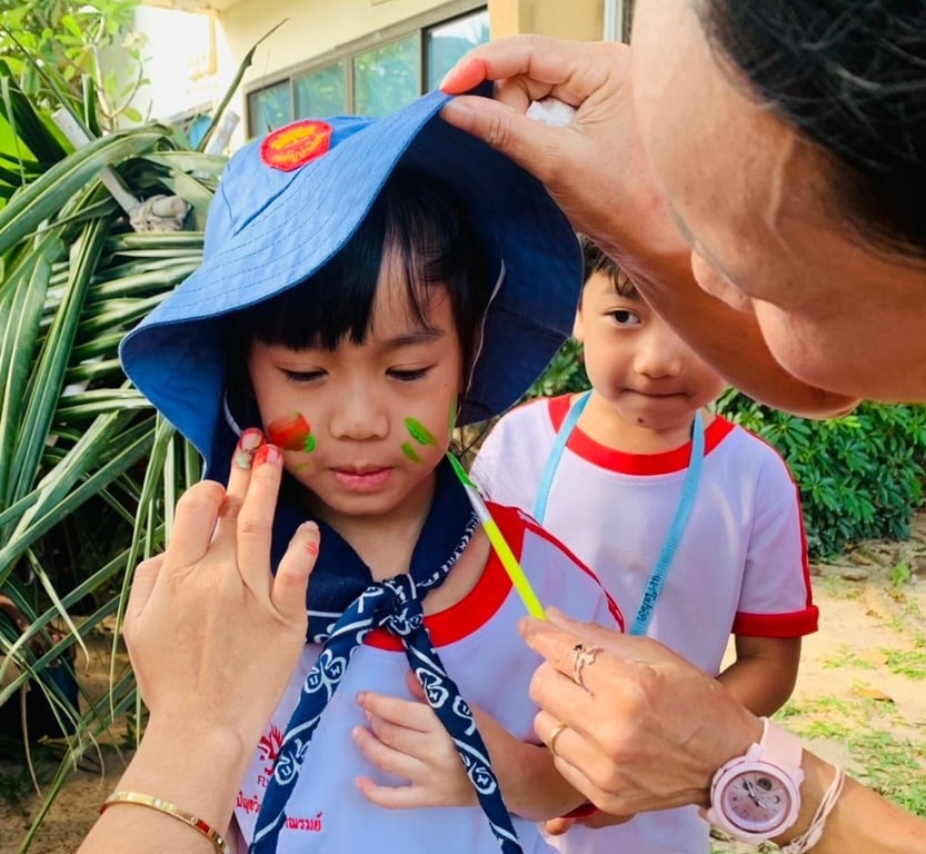 Children preparing for an adventure-themed school program.