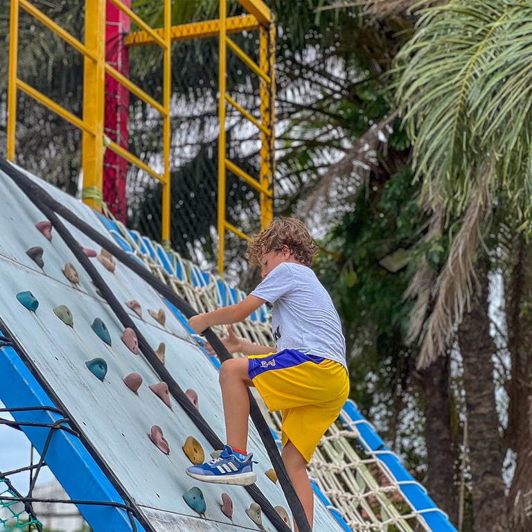 Summer camp participant enjoying an outdoor climbing activity.