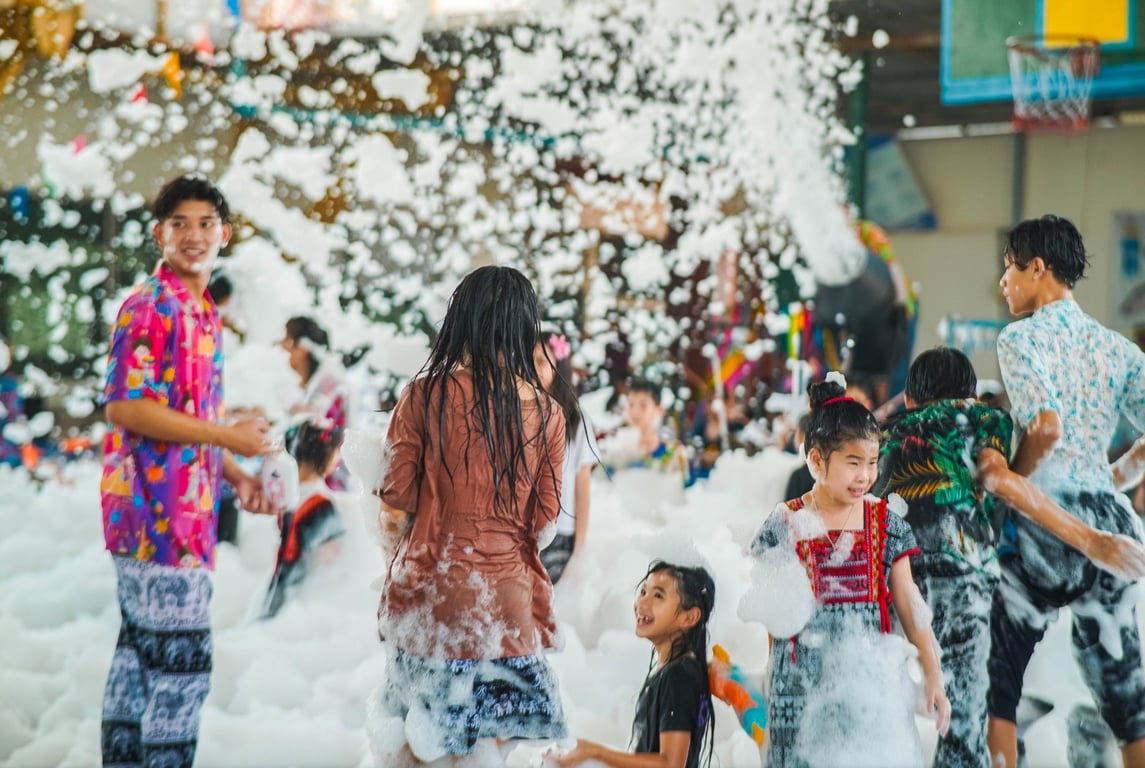 Foam-filled celebrations during the CPIS Songkran Festival.