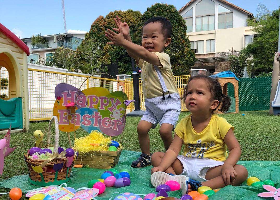 A joyful Easter egg hunt brings laughter and discovery to the preschool garden.