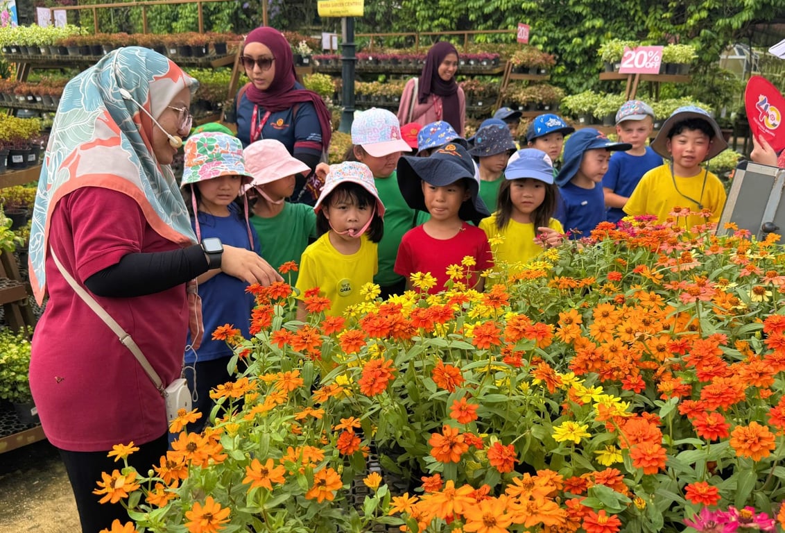 Junior JIS students enjoying a guided garden tour during an excursion to a local nursery.