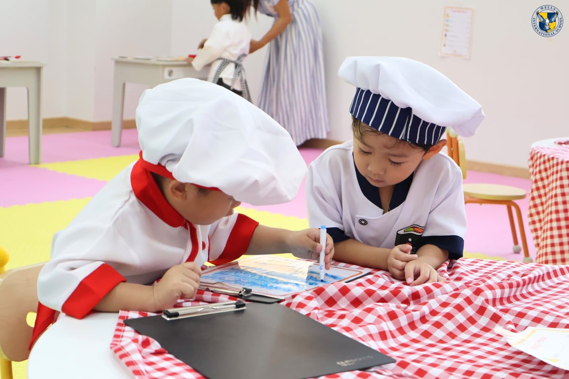 Children engaged in Pancake Day-themed classroom work.