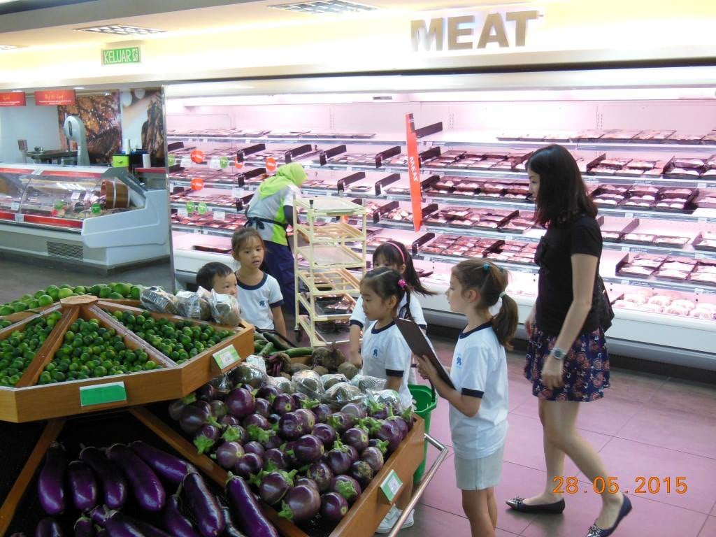 “Students visit a supermarket to learn about food and nutrition.