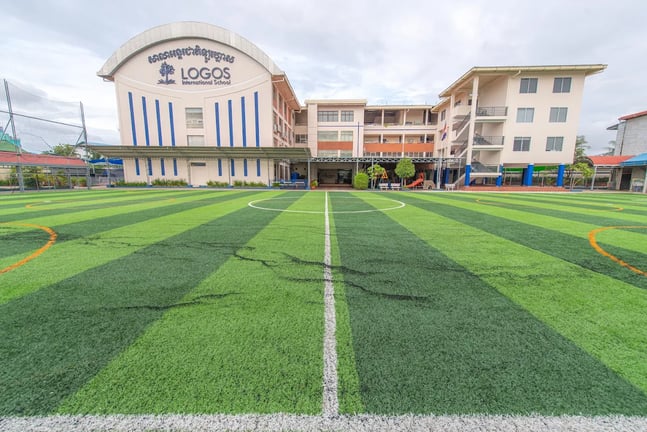 The main academic building overlooking the school’s football pitch.
