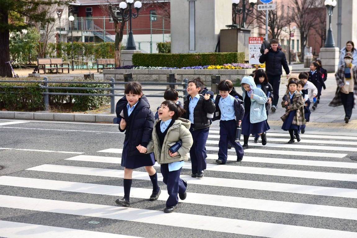 Students walking to the field during lunch break