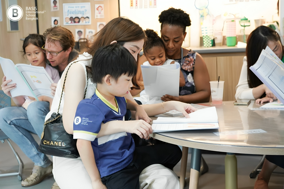 Parents and children share learning moments together in the classroom.