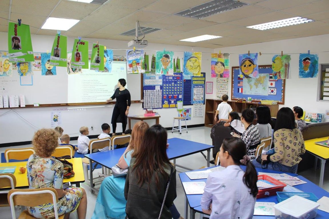 Parents attending an elementary classroom open house session.