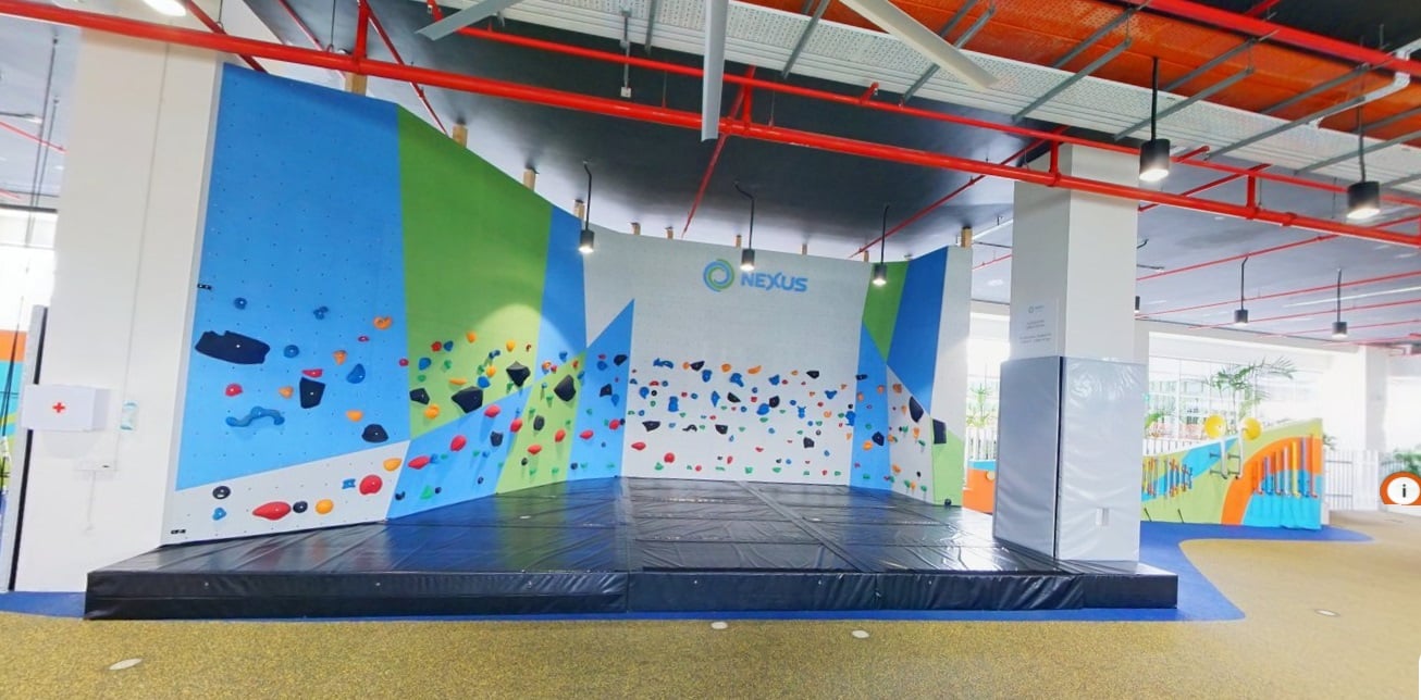 The play deck, featuring an indoor climbing wall.