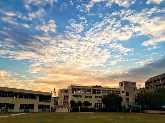 The school's main academic buildings overlooking the primary sports and play area.