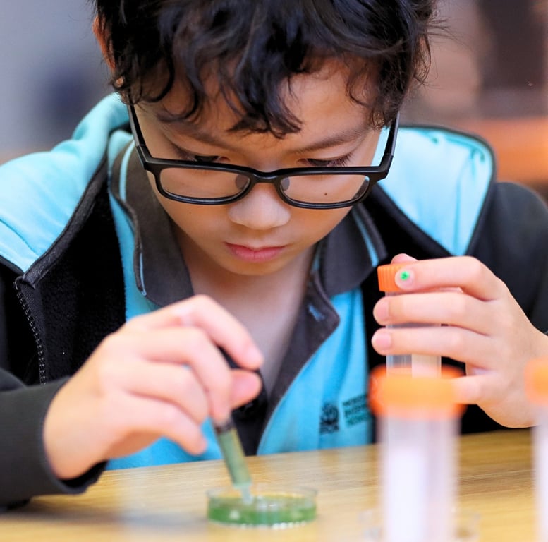 Student examining algae samples during a science experiment.