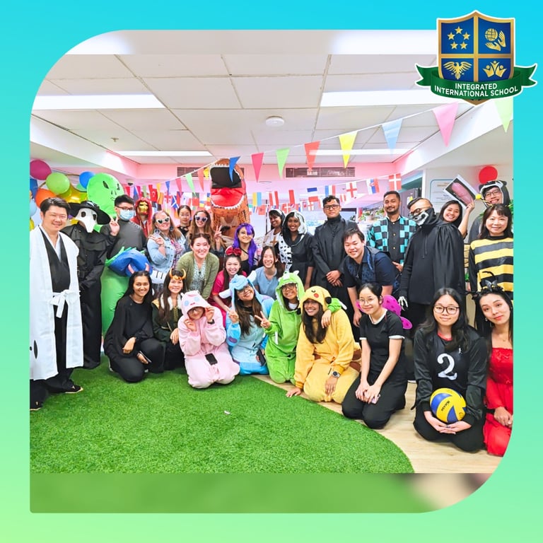 Students and teachers dress up on Halloween, the the campus decorated for the celebration.