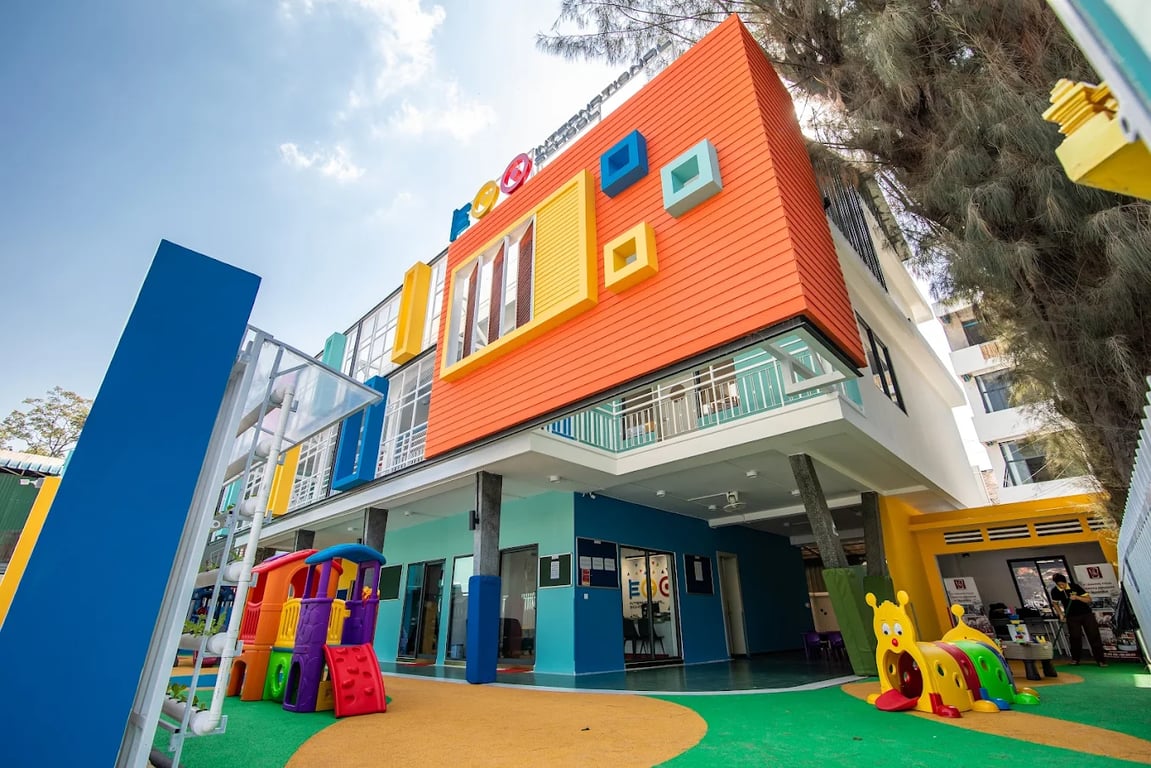Colourful and vibrant colours of the Eco International School campus building.