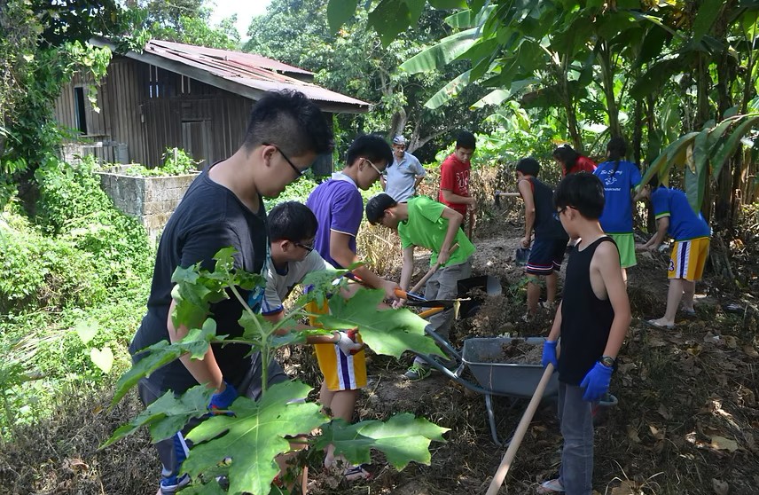 Students participate in a cleanup and landscaping project during a rural outreach program, developing teamwork and a sense of civic responsibility.