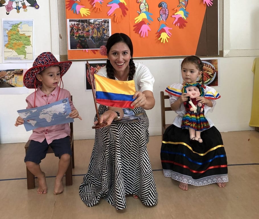 Exploring Colombian culture through stories, flags, and traditional dress.