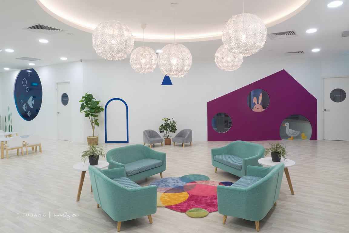 A classroom on campus, showing multiple learning spaces and a colourful painted wall