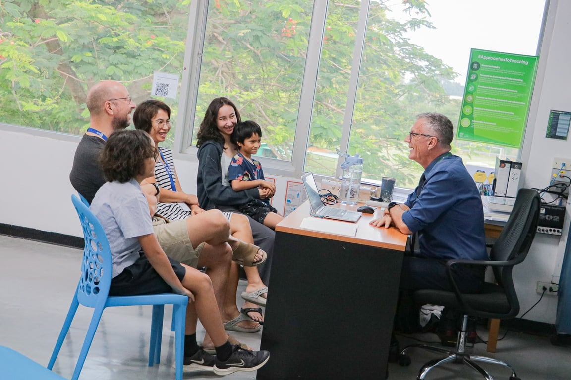 A family meeting with a teacher during Secondary Student-Led Conferences.