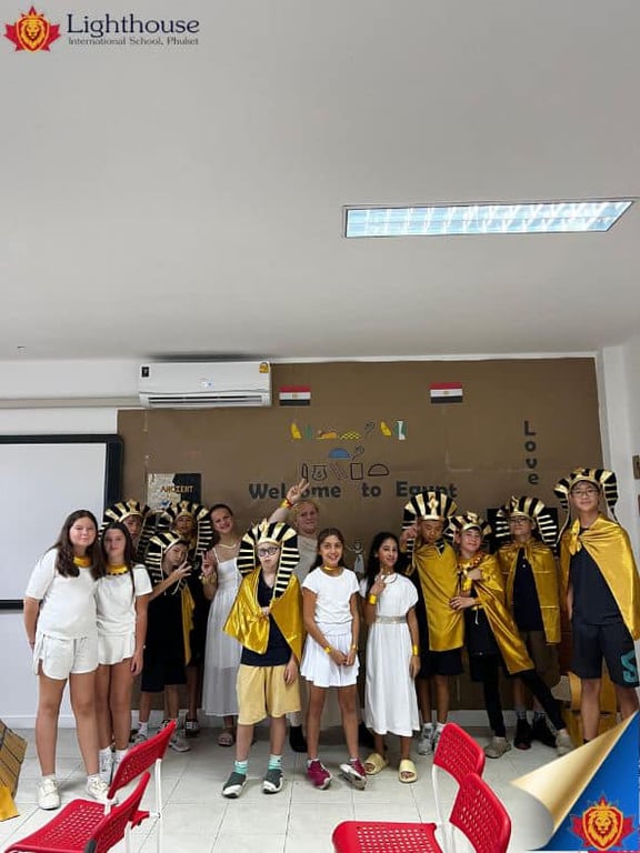 “Classroom decorated with Egyptian theme for cultural presentation.