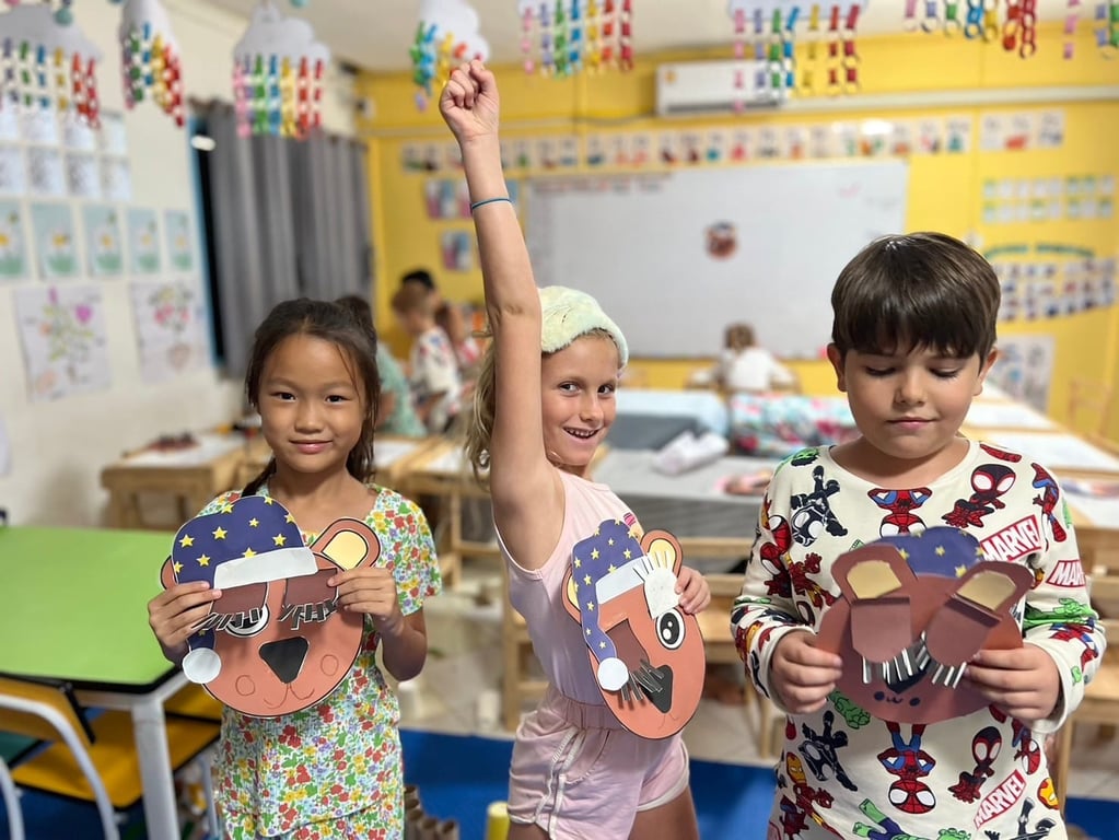 Classroom craft activity with paper animal masks.