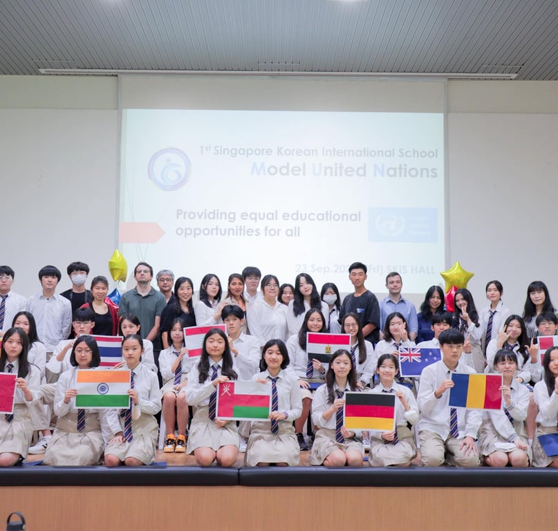 Students involved in the Model United Nations program showing their representative nations