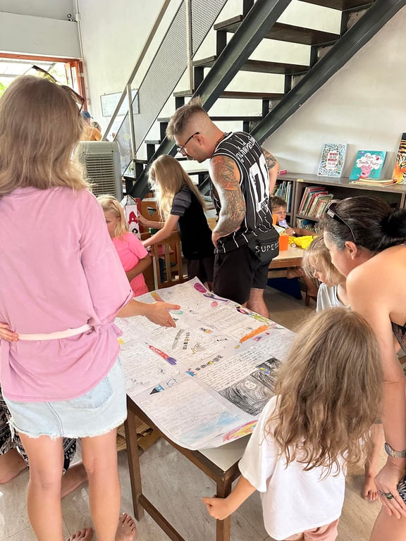 Families reviewing student displays on the seven-planet alignment.