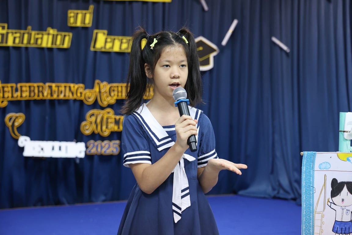 Speech time at the graduation ceremony and achievement celebration.