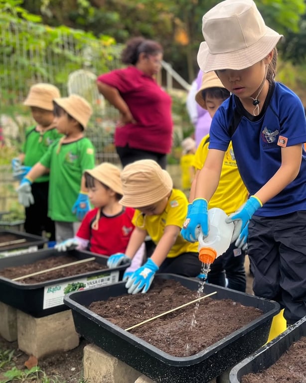 Students learn about gardening, sustainable farming, and caring for the environment through hands-on activity.