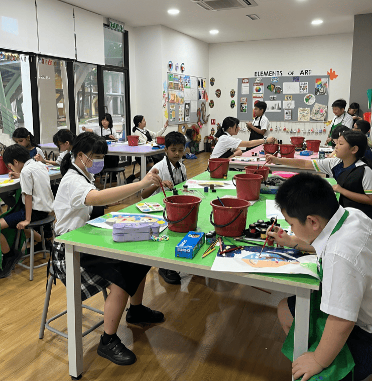 Art class in session. Students explore their creativity with brushes and colors in a vibrant art classroom.
