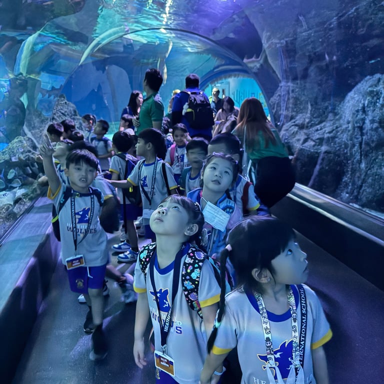 Young learners discovering marine life up close in an immersive underwater tunnel.