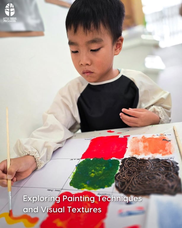 A student exploring painting and visual textures in an artistic lesson
