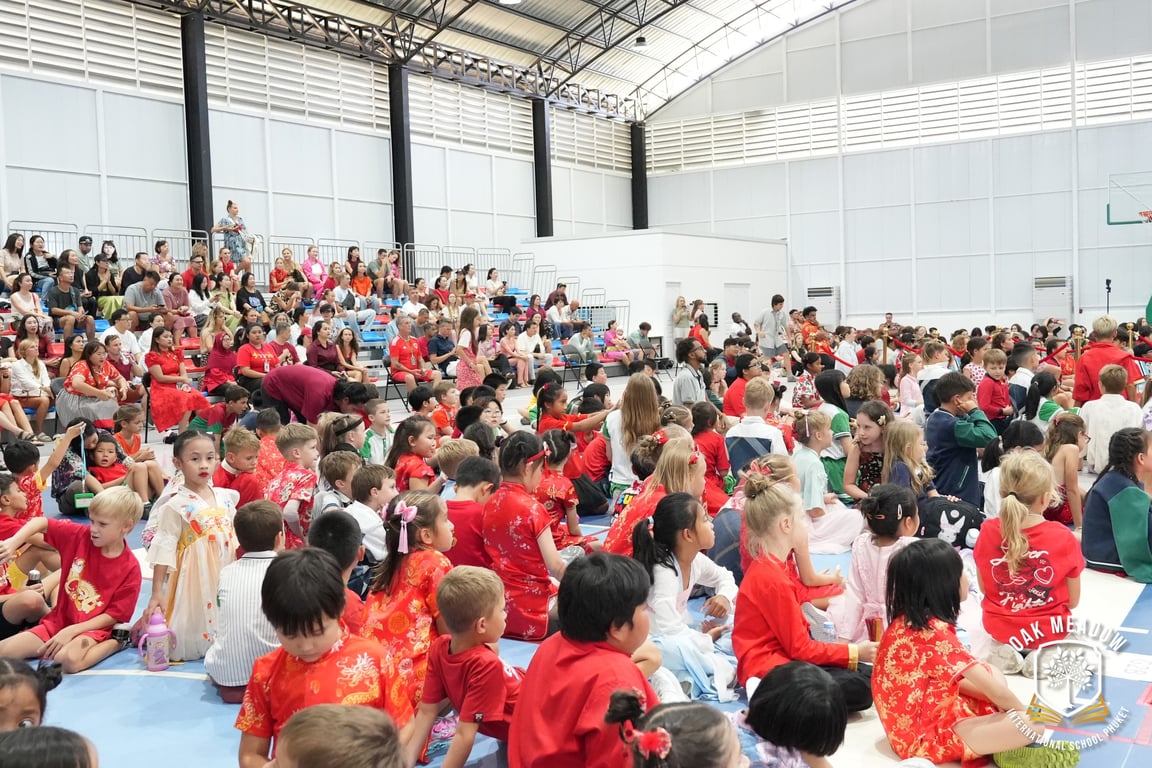 Students and families gather for Chinese New Year celebrations.